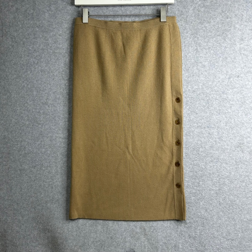 WORTH NEW YORK Knit Ribbed Pencil Skirt Side Buttons Camel S neutral Classic‎